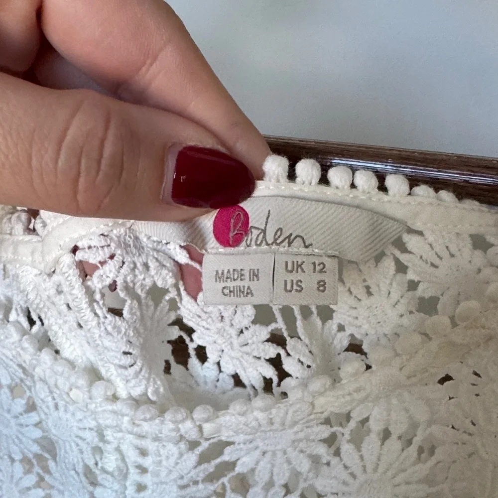 Boden White Floral Crochet Blouse with built in 100% cotton cami
